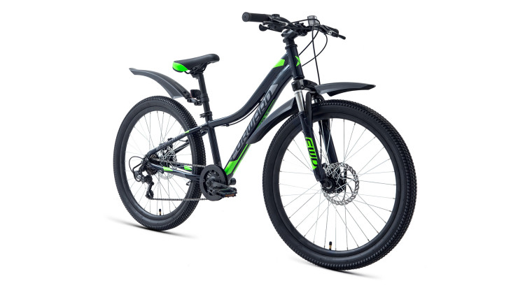 Велосипед FORWARD TWISTER 24 2.2 disc (24" 7 ск. рост 12") 2020-2021, черный/ярко-зеленый