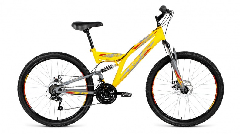 велосипед ALTAIR MTB FS 26 2.0 disc (26" 18 ск. рост 16") желтый / серый матовый 2019