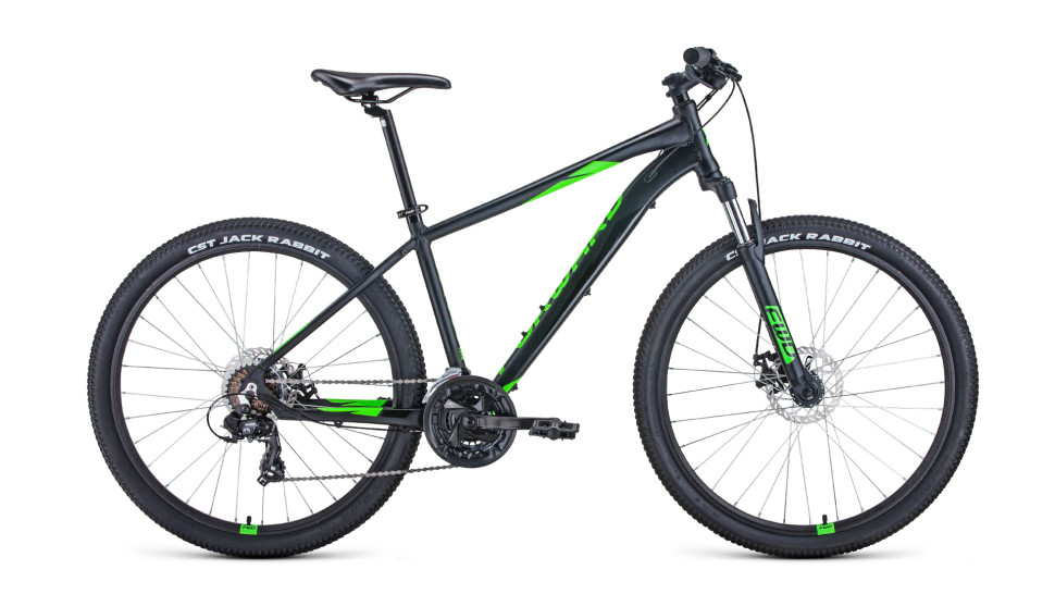Велосипед FORWARD APACHE 27,5 2.0 D (27,5" 21 ск. рост. 15") 2022, черный матовый/ярко-зеленый