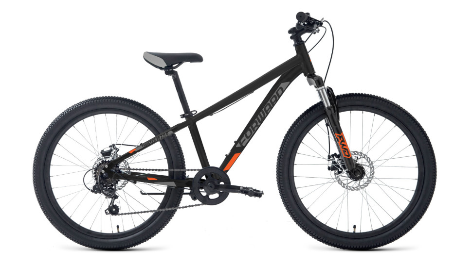 Велосипед FORWARD TWISTER 26 2.0 D (26" 7 ск. рост. 13") 2024, черный/оранжевый QR