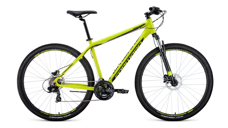 велосипед FORWARD APACHE 29 3.0 disc (29" 21 ск. рост 19") 2019-2020, желтый/черный