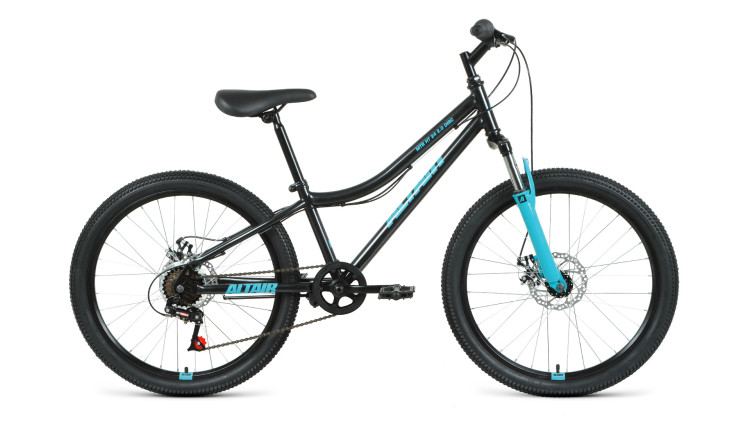велосипед ALTAIR MTB HT 24 2.0 disc (24" 6 ск. рост 12") 2020-2021, черный/бирюзовый