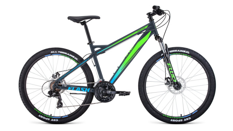 велосипед FORWARD FLASH 26 2.0 disc (26" 21 ск. рост 17") 2019-2020, серый/светло-зеленый мат.