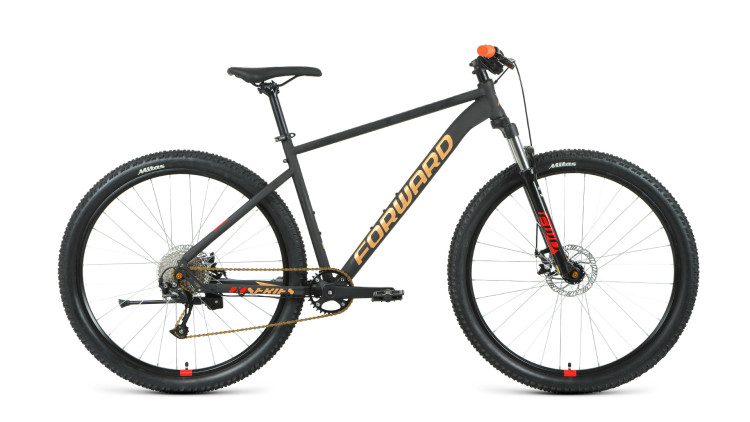 Велосипед FORWARD SPORTING 29 XX D (29" 9 ск. рост. 19") 2022, черный матовый/золотой