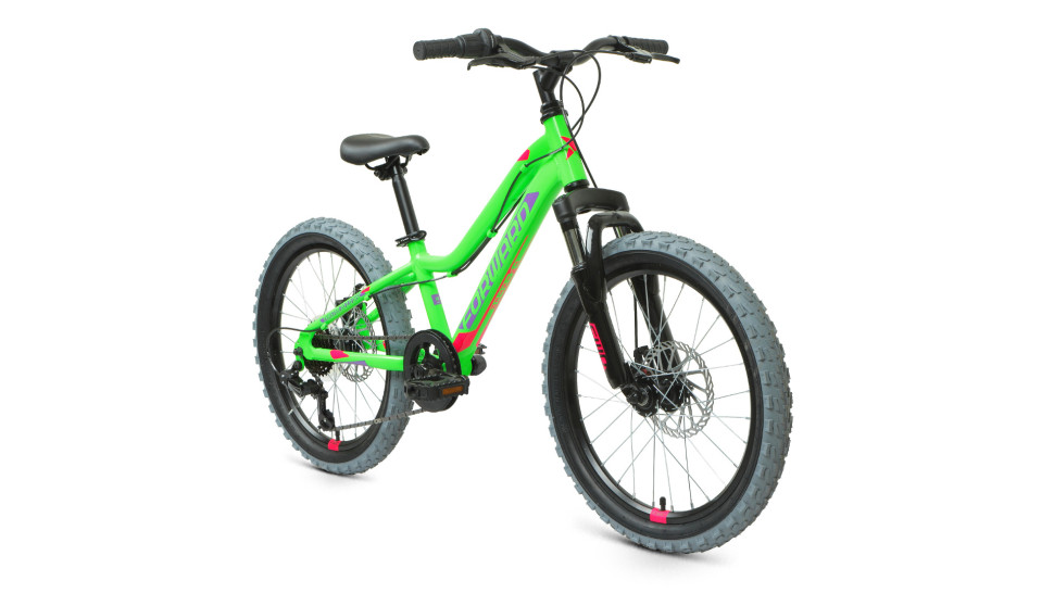 Велосипед FORWARD TWISTER 20 2.0 D (20" 7 ск. рост. 10.5") 2022, ярко-зеленый/фиолетовый