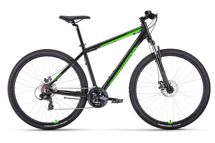Велосипед FORWARD APACHE 29 2.0 D CLASSIC (29" 21 ск. рост. 17") 2022, черный/ярко-зеленый