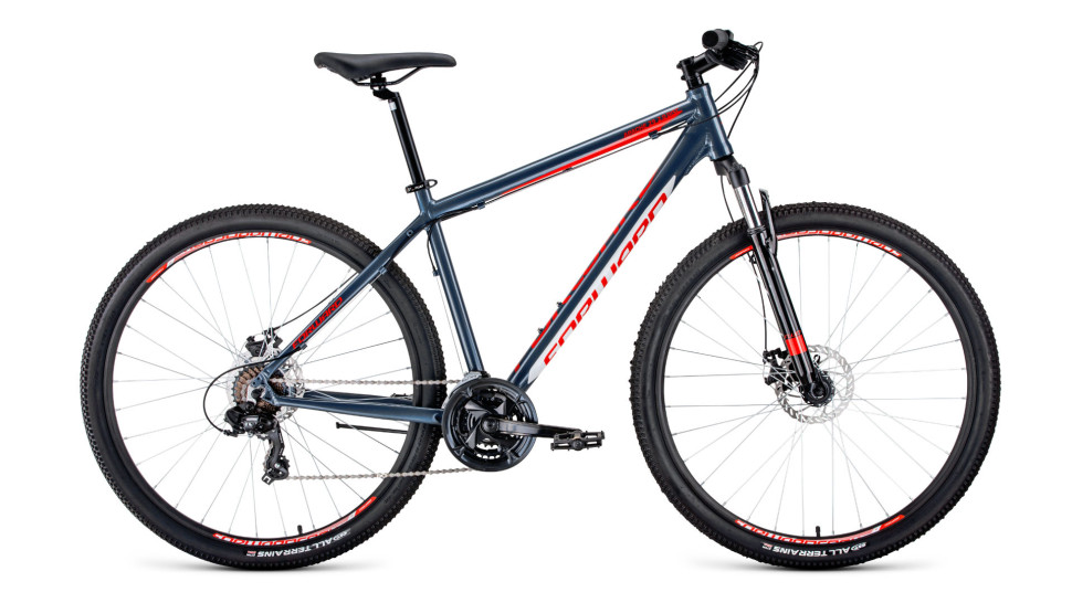 велосипед FORWARD APACHE 29 2.0 disc (29" 21 ск. рост 21") 2019-2020, серый/красный