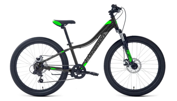 Велосипед FORWARD TWISTER 24 2.0 D (24" 7 ск. рост. 12") 2024, черный/ярко-зеленый
