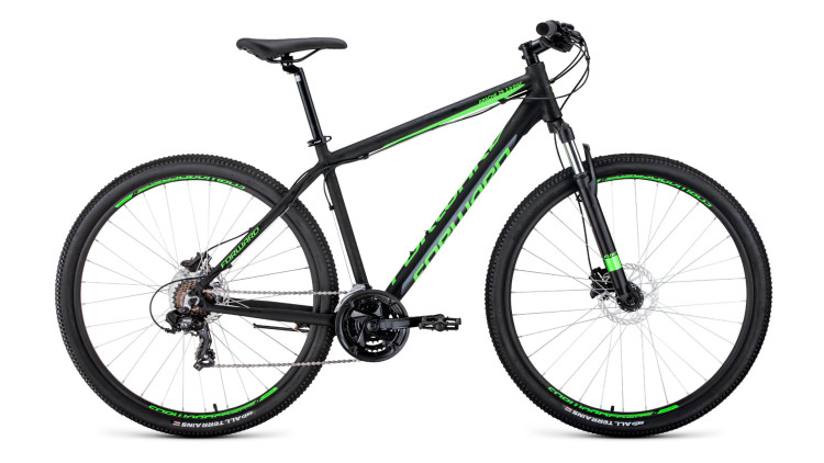 велосипед FORWARD APACHE 29 3.0 disc (29" 21 ск. рост 17") 2019-2020, черный/светло-зеленый