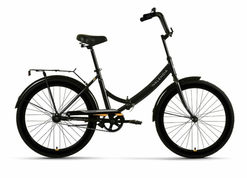 Велосипед FORWARD VALENCIA 24 X (24" 1 ск. рост. 16" скл.) 2024, черный-мат/золотистый QR
