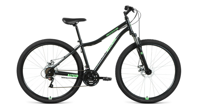 Велосипед ALTAIR MTB HT 29 2.0 disc (29" 21 ск. рост 19") 2020-2021, черный/ярко-зеленый